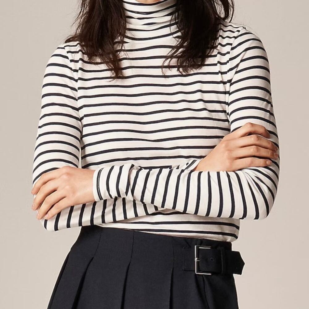 J Crew Striped Feather Jersey Turtleneck Top Women's Small White Black